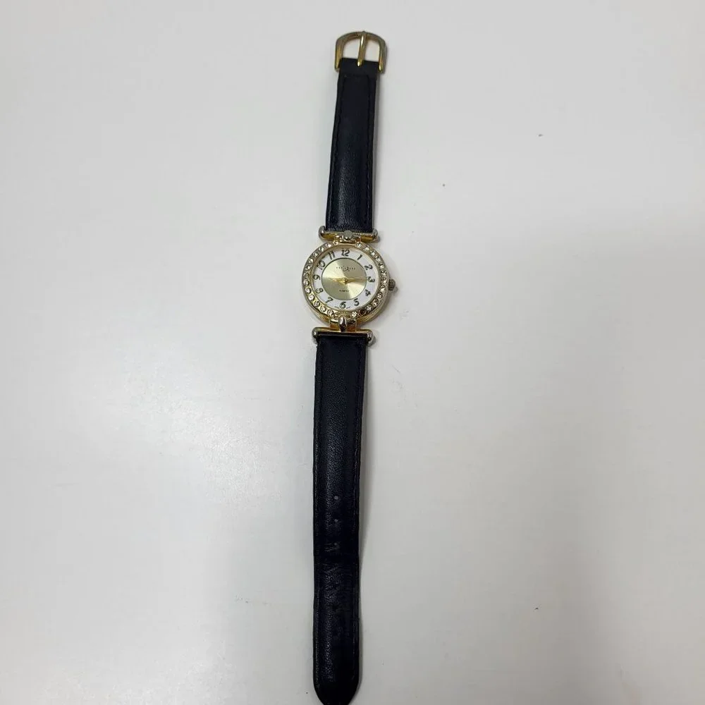 LA Express Watch Women Gold Stainless Steel Batt Black Leather‎ Band Quartz